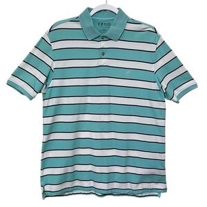 Izod Polo Shirt Striped Turquoise White Black 100% Cotton Short Sleeve Size M